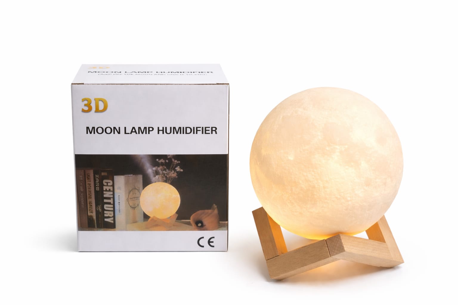 3D-Mondlampe mit Luftbefeuchter und Holzsockel